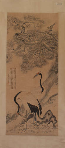 CHINESE SCROLL PAINTING OF CRANE UNDER PINE