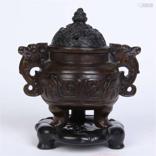 CHINESE AGLAWOOD LIDDED CENSER WITH BASE