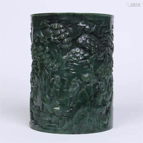 CHINESE SPINACH JADE DRAGON BRUSH POT