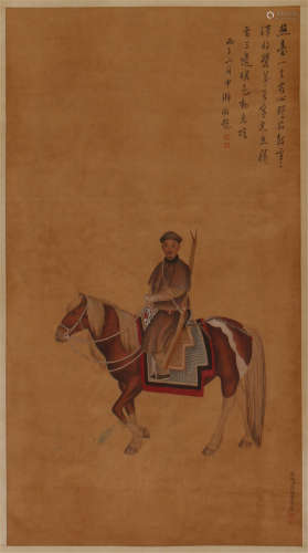 CHINESE SCROLL PAINTING OF WARRIOR ON HORSE