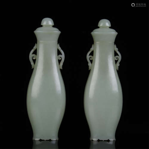 PAIR OF CHINESE CELADON JADE LIDDED VASES