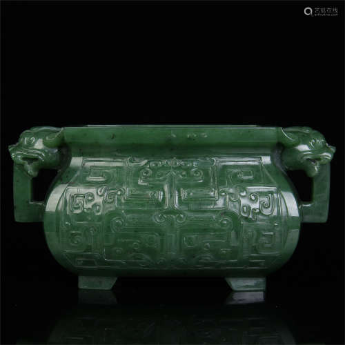 CHINESE SPINACH JADE BEAST HANDL SQUARE CENSER