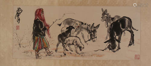 CHINESE SCROLL PAINTING OF GIRL AND DONKEY