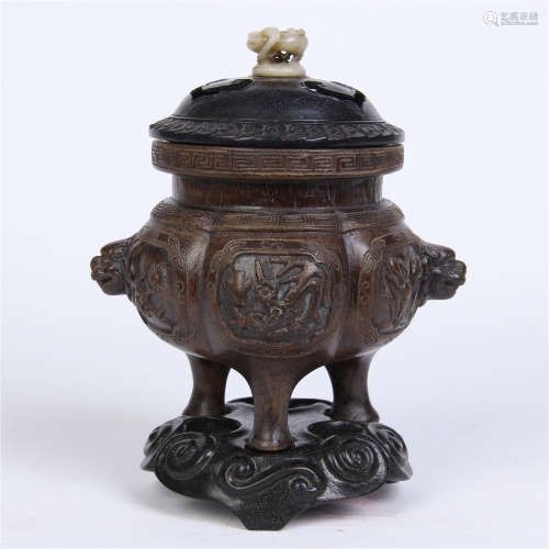 CHINESE AGALWOOD TRIPLE FEET CENSER WITH JADE KNOT LID AND ROSEWOOD BASE