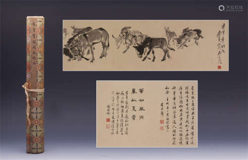 CHINESE HAND SCROLL PAINTING OF DONKEY WITH CALLIGRAPHY