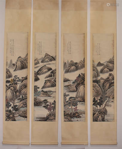 FOUR PANELS OF CHINESE SCROLL PAINTING OF MOUNTAIN VIEWS