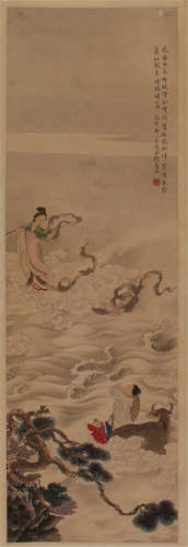 CHINESE SCROLL PAINTING OF FIGURES ON OCEAN