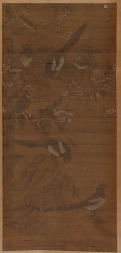 CHINESE SCROLL PAINTING OF BIRD AND FLOWER ON SILK
