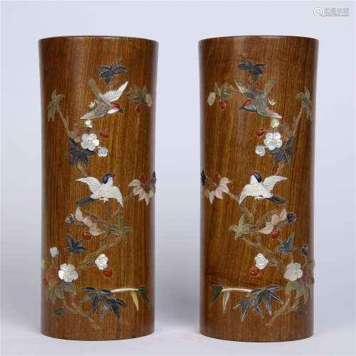 PAIR OF CHINESE MOTHER OF PEARL INLAID HUANGHUALI BRUSH POTS