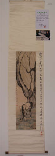 CHINESE SCROLL PAINTING OF HORSE UNDER WILLOW WITH CERTIFICATE