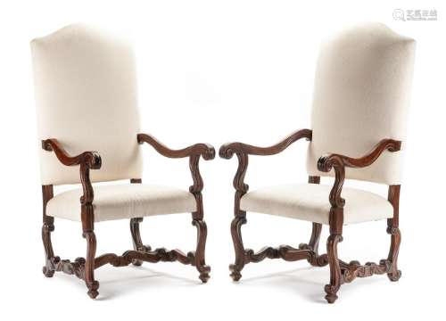 A Pair of Louis XIV Style Walnut Armchairs Height 48