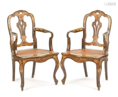 A Pair of Venetian Painted Armchairs Height 36 inches.