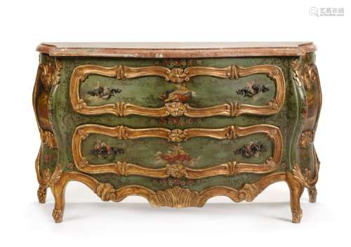 A Venetian Painted and Parcel Gilt Commode Height 34 x
