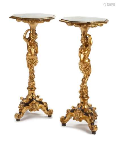 A Pair of Venetian Giltwood Pedestal Tables Height 37 x
