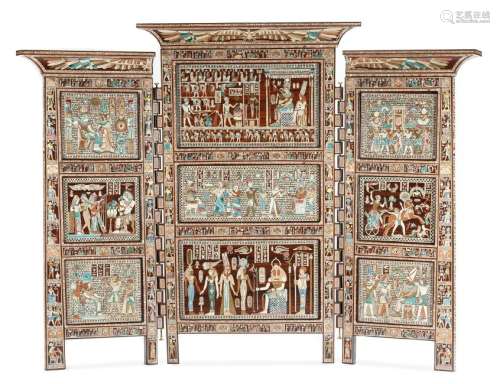 An Egyptian Revival Inlaid Three-Panel Floor Screen