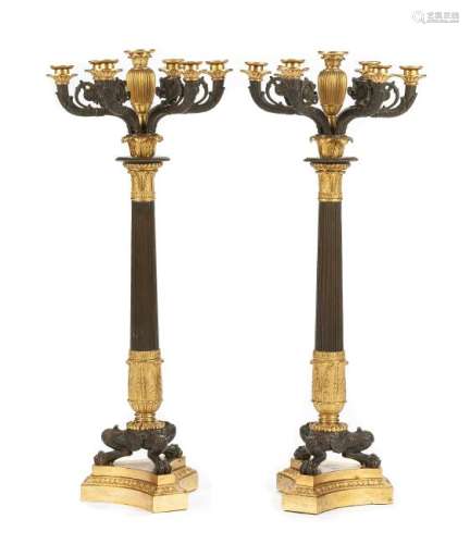 A Pair of French Gilt and Patinated Bronze Seven-Light