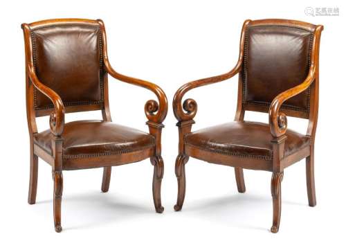 A Pair of Louis Philippe Walnut Fauteuils Height 34 3/4