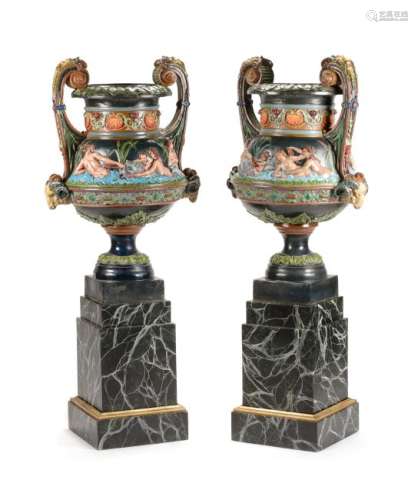 A Pair of Neoclassical Polychrome Decorated Bronze Urns