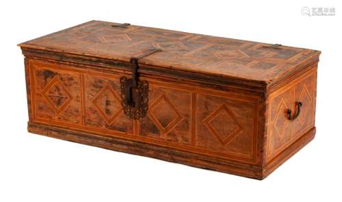 An Iron Mounted Italian Parquetry Chest Height 15 x