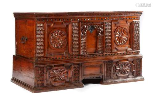 A Northern European Carved Cassone on Stand Height 35 x