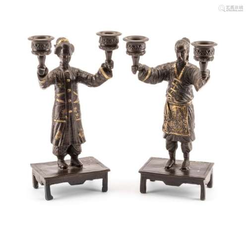 A Pair of French Patinated Bronze Figural Two-Light