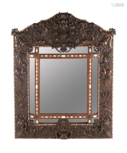 A French Carved and Inlaid Mirror Height 65 x width 53