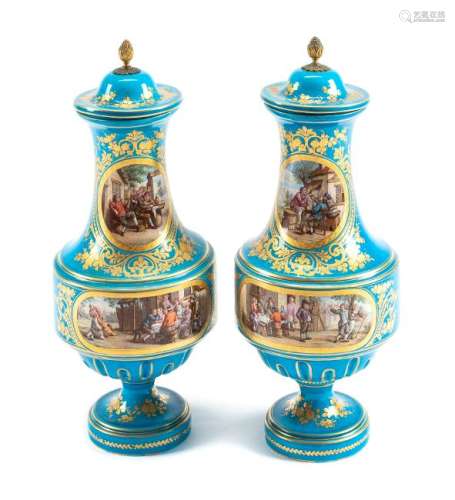 A Pair of Sevres Style Porcelain Vases and Covers