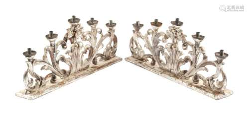 A Pair of Italian Silvered Wood Five-Light Candelabra