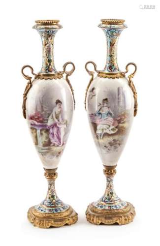 A Pair of French Porcelain and Champleve Urns Height 19