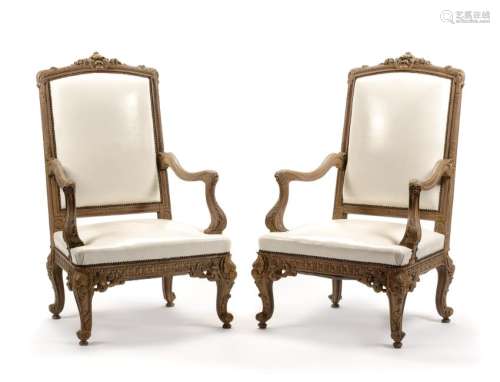 A Pair of Regence Style Carved Fauteuils Height 48 1/2