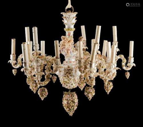 A German Porcelain Twenty-Light Chandelier Height 25 x