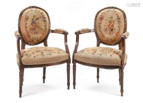 A Pair of Louis XV Style Walnut Fauteuils Height 35