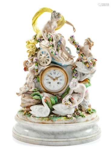 A Meissen Porcelain Figural Mantel Clock Height of