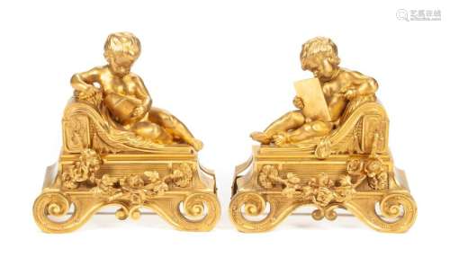 A Pair of French Gilt Bronze Figural Chenets Width 12