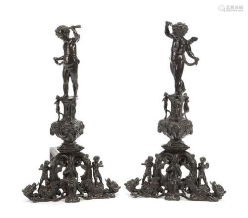 A Pair of Renaissance Revival Patinated Bronze Chenets