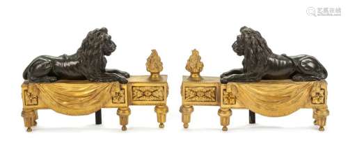 A Pair of French Gilt and Patinated Bronze Chenets