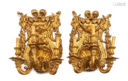 A Pair of Italian Giltwood Three-Light Girandoles