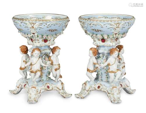 A Pair of German Porcelain Figural Compotes Height 20 x