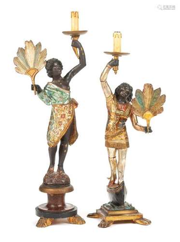 Two Venetian Polychromed Figural Candlesticks Height of