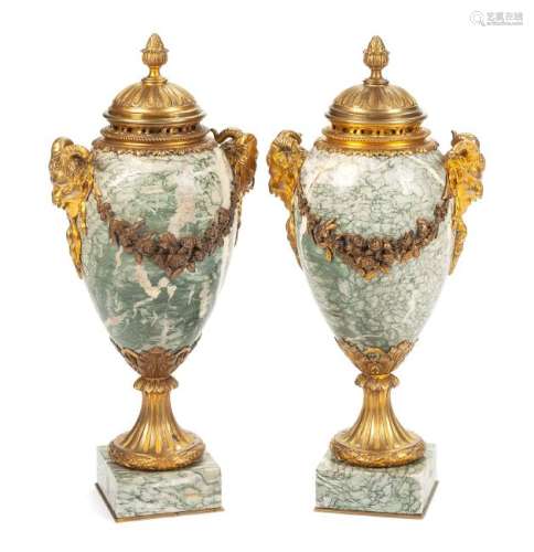 A Pair of French Gilt Bronze Mounted Marble Covered