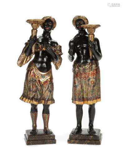 A Pair of Venetian Gilt and Polychromed Figures Height