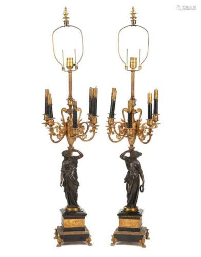 A Pair of French Gilt and Patinated Bronze Candelabra