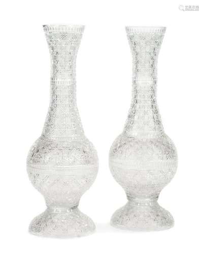 A Pair of Large Cut Glass Vases Height 36 1/4 inches.