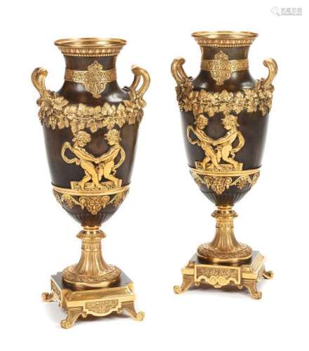 A Pair of Continental Gilt and Patinated Bronze Vases