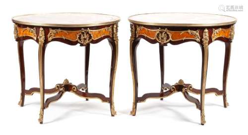A Pair of Louis XV Style Gilt Bronze Mounted Parquetry