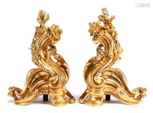 A Pair of Napoleon III Style Gilt Bronze Chenets Height