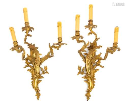 A Pair of Louis XV Style Gilt Bronze Three-Light