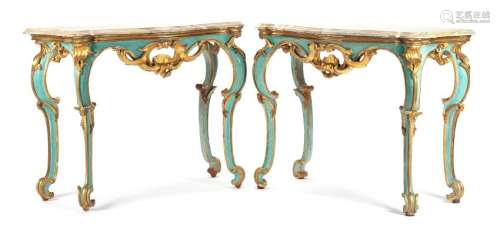 A Pair of Venetian Painted and Parcel Gilt Console