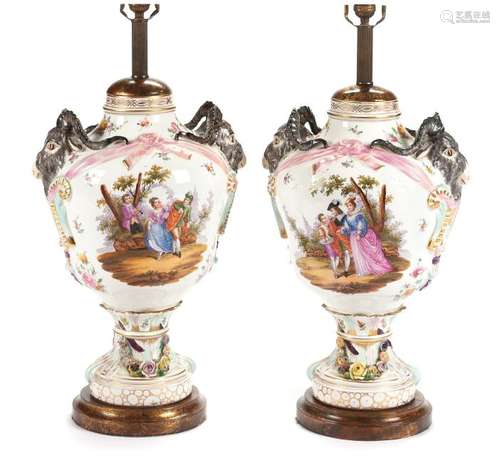 A Pair of Dresden Porcelain Urns Height of porcelain 20