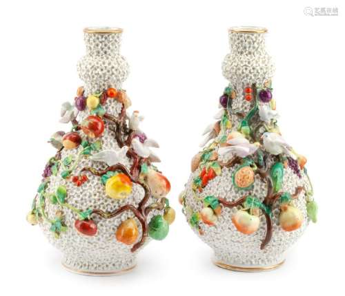 A Pair of German Porcelain Schneeballen Vases Height 14